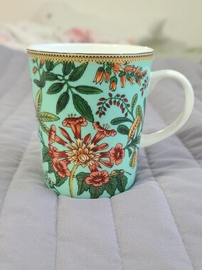 Floral Printed Ceramic Mug in Aqua and Coral